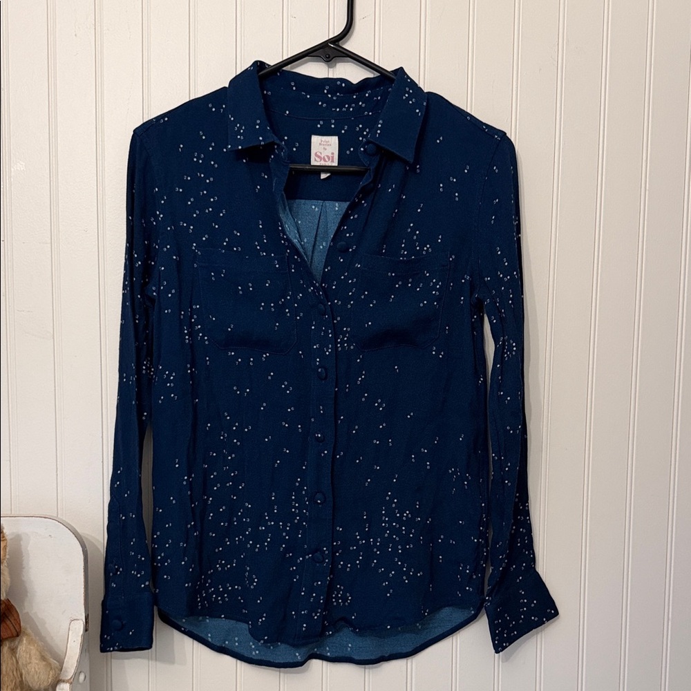 Soi Small bright Navy Button-Down Blouse with White Dot and small numbers Print